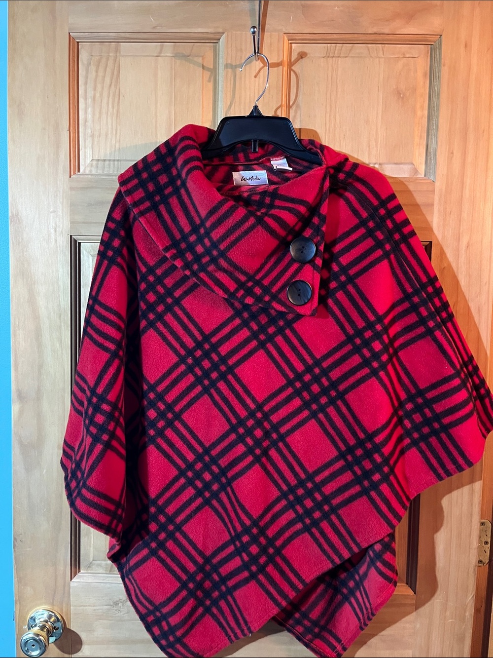 Women’s Red & Black Plaid Hooded Cape with Button Detail - Unbranded
